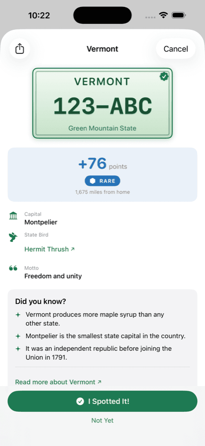 Vermont's plate card showing 76 points, a Rare badge, and 1,675 miles from home.