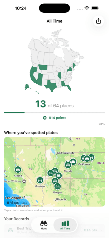The All Time screen: a North America map and pins marking where each plate was spotted.